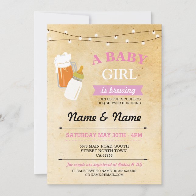 Invitation Fille rustique de baby shower brassant (Devant)