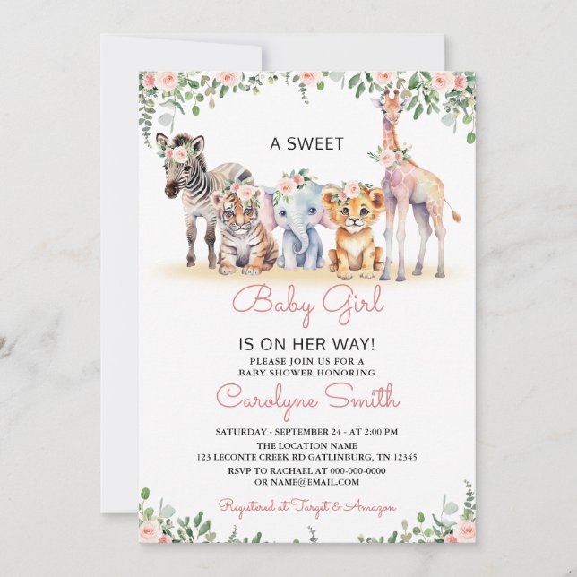 Invitation Fille Safari Animaux Verdure Jungle Baby shower (Devant)
