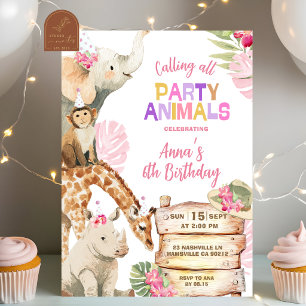 Invitation Fille Savane Rose Safari Fête Animaux Anniversaire