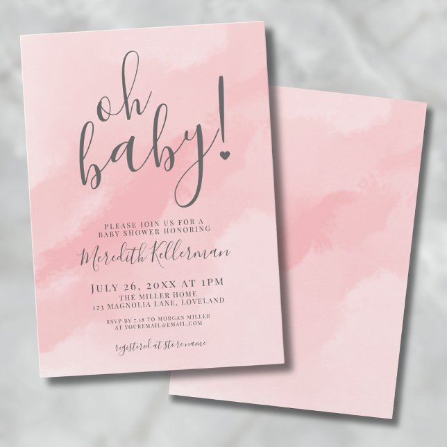 Invitation Fille simple rose aquarelle Oh Baby shower (Oh Baby Shower Simple Pink Watercolor Invitation)
