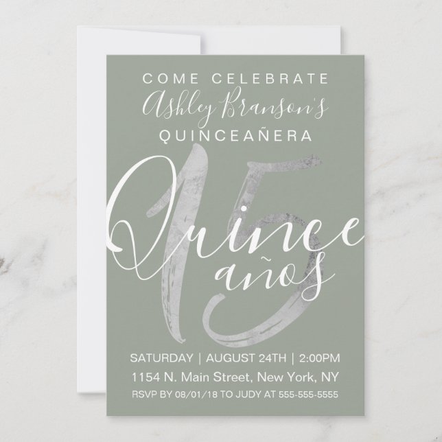Invitation Fille simple Sage Green Silver Foil Quinceañera (Devant)