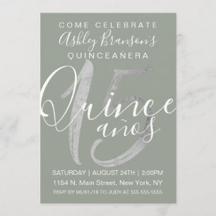 Invitation Fille simple Sage Green Silver Foil Quinceañera