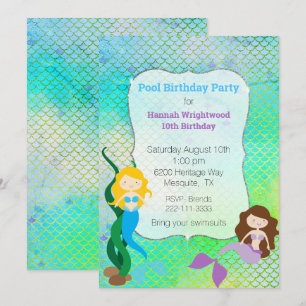 Invitation Fille Sirène Anniversaire Pool Party