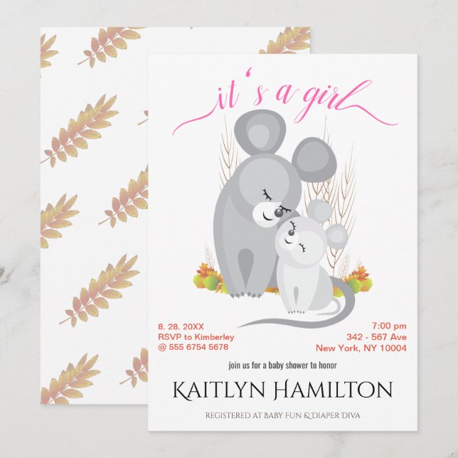 Invitation Fille Souris Mère Baby shower Souris Laine Maple (Devant / Derrière)