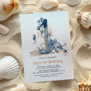 Invitation Fille sous l'océan à l'aquarelle pour son 1er anni