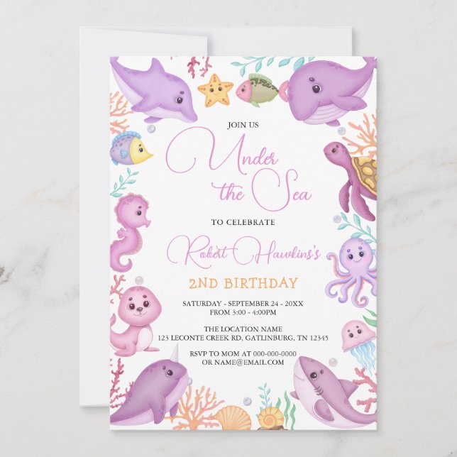Invitation Fille sous l'océan Océan Animaux Anniversaire (Devant)
