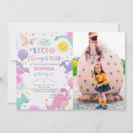 Invitation Fille Stomp Chomp & Roar Dinosaur Photo Anniversai