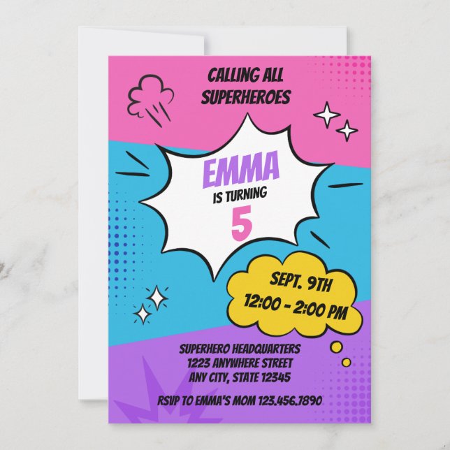 Invitation Fille Superhero Anniversaire (Devant)