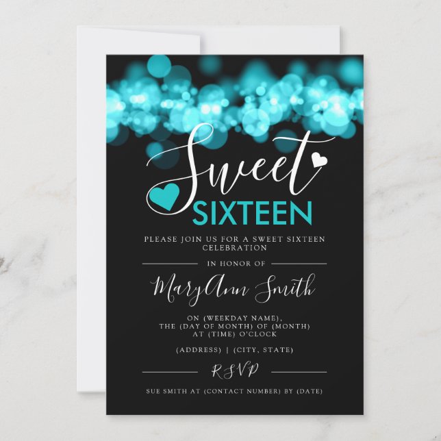 Invitation Fille Sweet 16 Fête d'anniversaire Lumières Turquo (Devant)