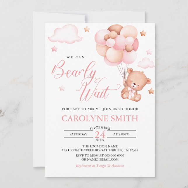 Invitation Fille Teddy Bear Balloon Bearly Wait Baby shower (Devant)