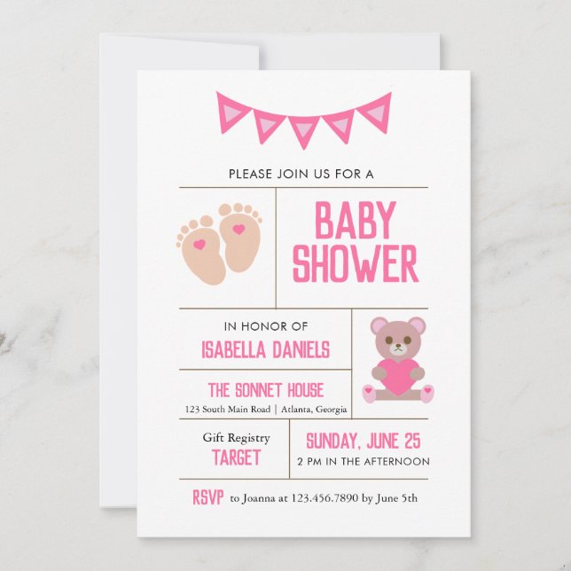 Invitation Fille Teddy et bébé pieds Baby shower rose (Devant)