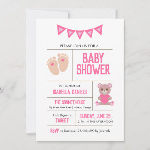 Invitation Fille Teddy et bébé pieds Baby shower rose