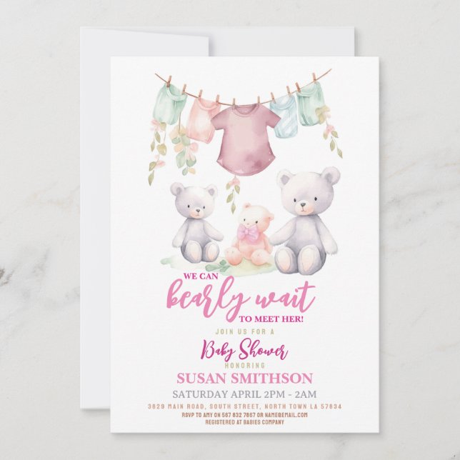 Invitation Fille Teddy Ours Baby shower rose à peine attendre (Devant)