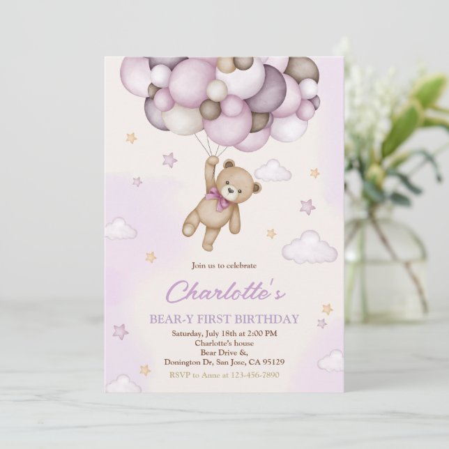 Invitation Fille Teddy Ours rose Brown Ballons 1er anniversai (Debout devant)