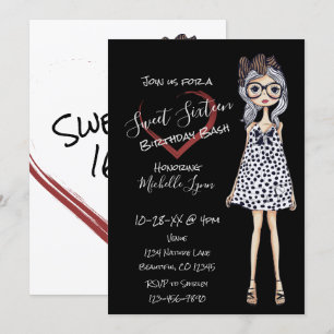 Invitation Fille tendance dans le coeur noir blanc doux 16 An