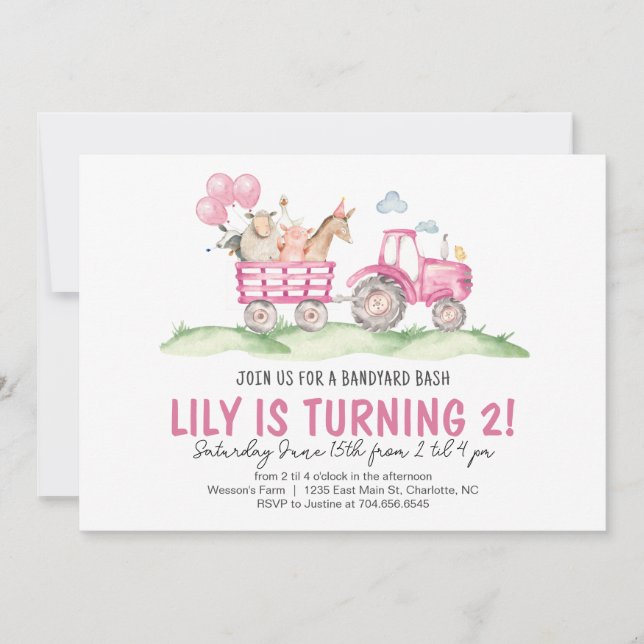 Invitation Fille Tracteur Anniversaire, Pink Farm Anniversair (Devant)
