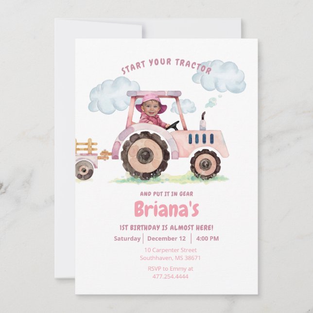 Invitation Fille Tracteur rose N'importe quel âge Anniversair (Devant)