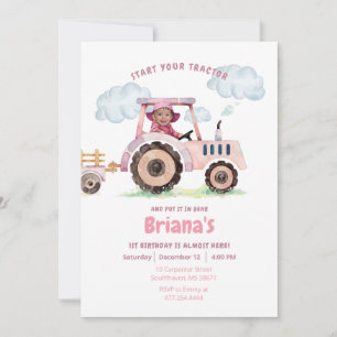 Invitation Fille Tracteur rose N'importe quel âge Anniversair