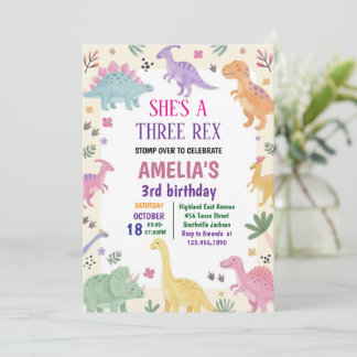 Invitation Fille Trois Rex Dinosaure 3ème Anniversaire