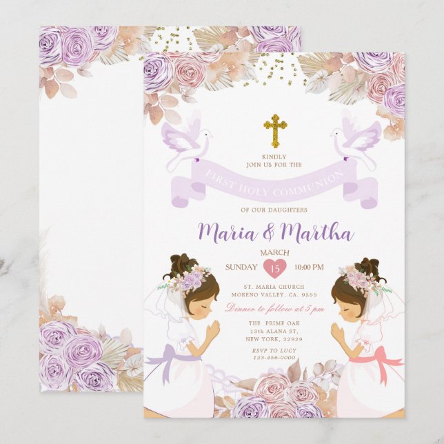 Invitation Fille TWIN Première Communion Violet Rose Floral (Devant / Derrière)