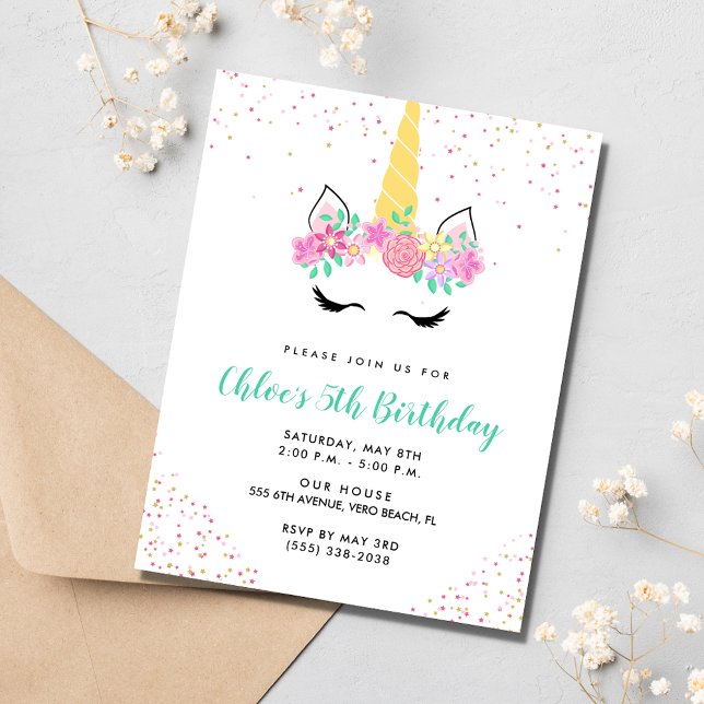 Invitation Fille Unicorne 5e fête d'anniversaire (Girl's Unicorn 5th Birthday Party Invitation)