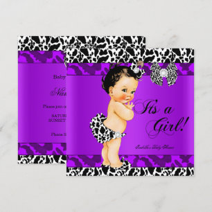 Invitation Fille vache léopard violet Baby Shower Brunette Bé
