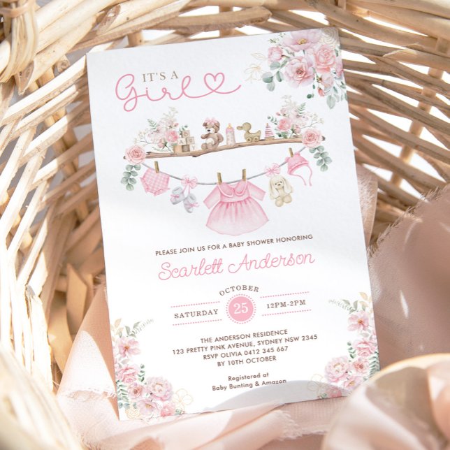 Invitation Fille Vêtements de bébé rose Floral Baby shower de (Créateur téléchargé)