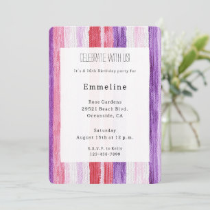 Invitation Fille violet rose rose rouge rayures Anniversaire