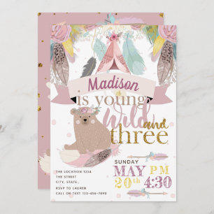 Invitation Fille Wild Boho Troisième anniversaire