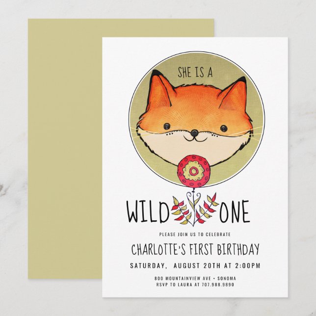 Invitation Fille Wild One Fox 1er anniversaire (Devant / Derrière)