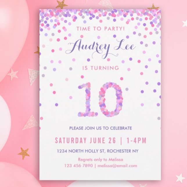 Invitation Filles 10e anniversaire Dixième anniversaire Confe (Pink and purple confetti invitation for your 10 year old's birthday)