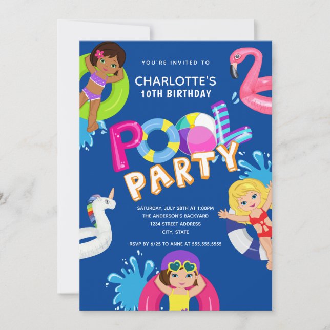 Invitation Filles 10e anniversaire Pool Party (Devant)