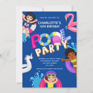 Invitation Filles 10e anniversaire Pool Party