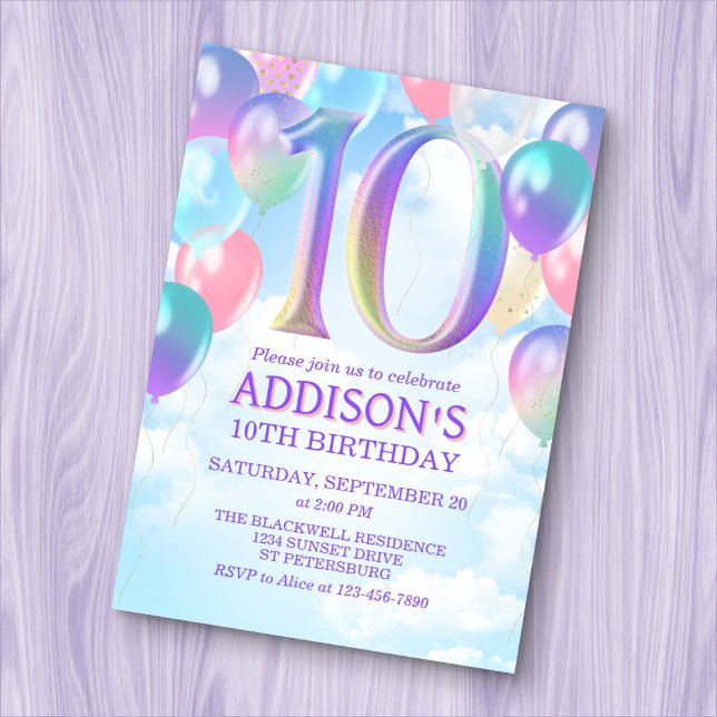 Invitation Filles 10e anniversaire Rainbow Balloons Invitatio (Créateur téléchargé)