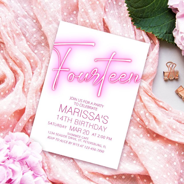 Invitation Filles 14e Ado néon Anniversaire (Créateur téléchargé)