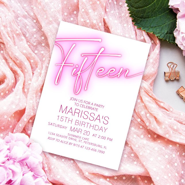 Invitation Filles 15e Ado néon Anniversaire (Créateur téléchargé)
