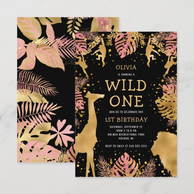 Invitation Filles 1er anniversaire Pink Black Safari (Devant / Derrière)