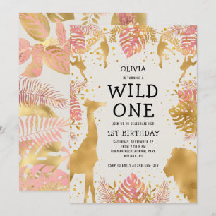 Invitation Filles 1er anniversaire Pink Ecru Safari