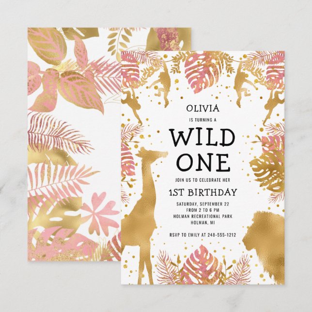 Invitation Filles 1er anniversaire Pink Gold Safari (Devant / Derrière)