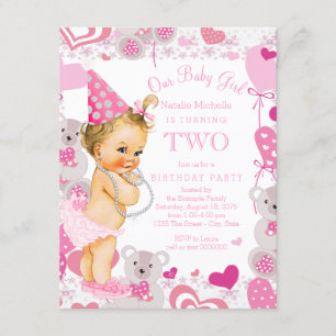 Invitation Filles 2e anniversaire fête Coeurs Nounours roses