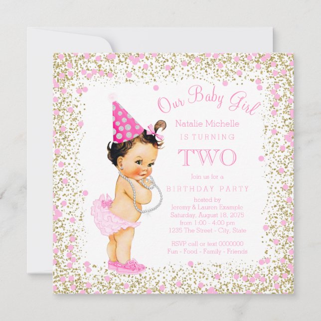 Invitation Filles 2e anniversaire fête Parties scintillant or (Devant)