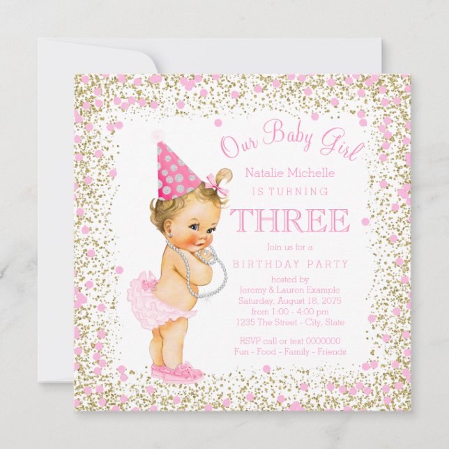 Invitation Filles 3e anniversaire fête Parties scintillant or (Devant)