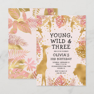 Invitation Filles 3e anniversaire Pastel Pink Gold Safari