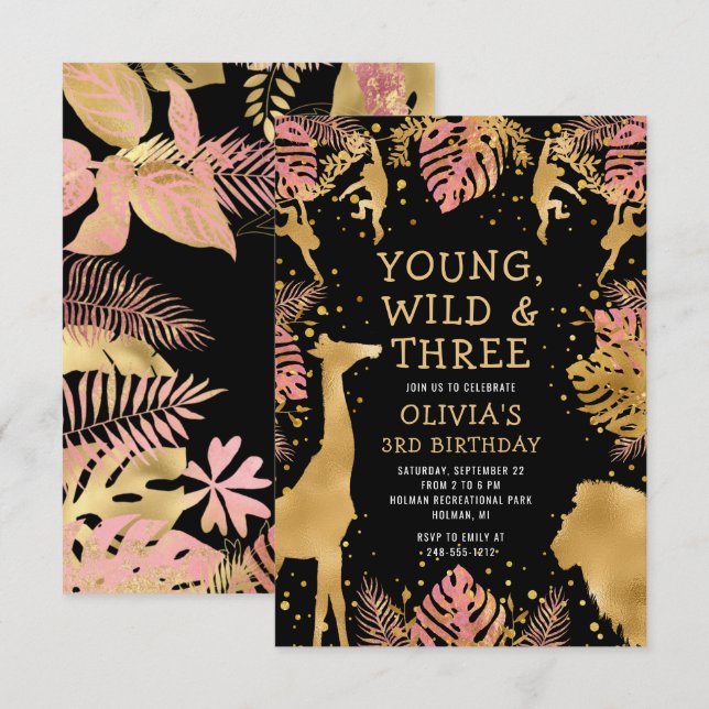 Invitation Filles 3e anniversaire Pink Gold Black Safari (Devant / Derrière)