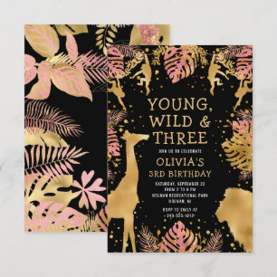 Invitation Filles 3e anniversaire Pink Gold Black Safari
