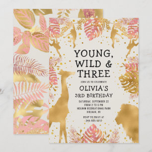 Invitation Filles 3e anniversaire Pink Gold Ecru Safari