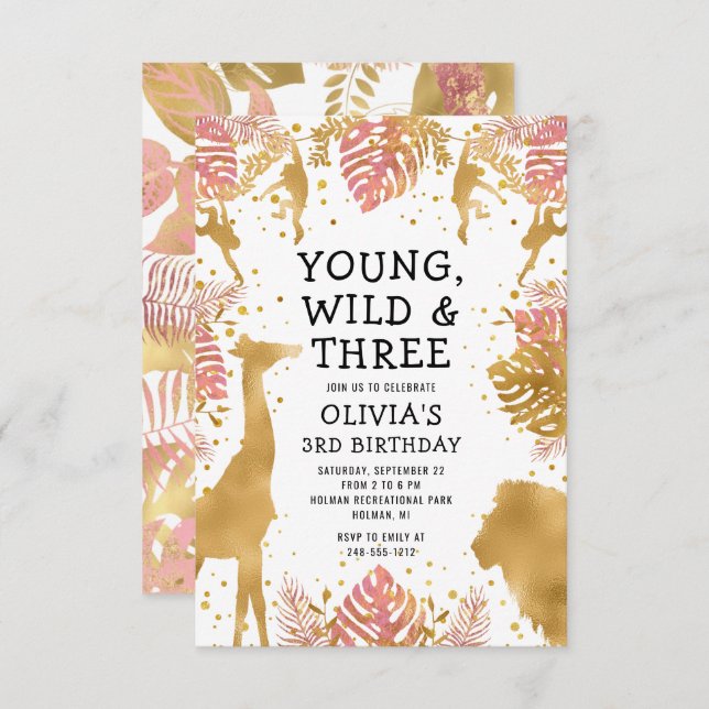 Invitation Filles 3e anniversaire Pink Gold Safari (Devant / Derrière)
