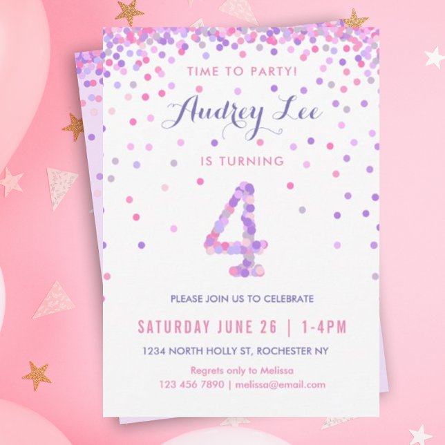 Invitation Filles 4e anniversaire Quatrième anniversaire Conf (Pink and purple confetti for your 4 year old's birthday party!)