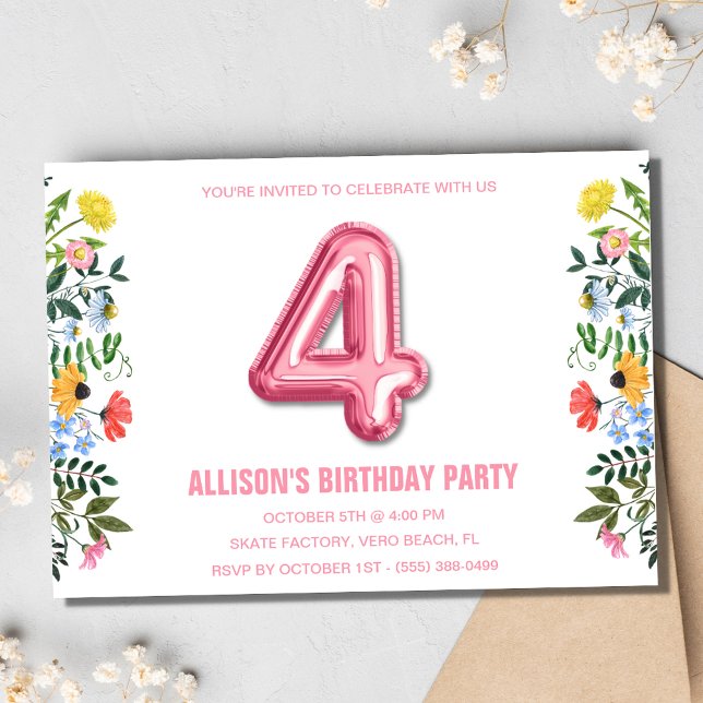 Invitation Filles 4e Balloon fête d'anniversaire (Girls 4th Balloon Birthday Party Invitation)