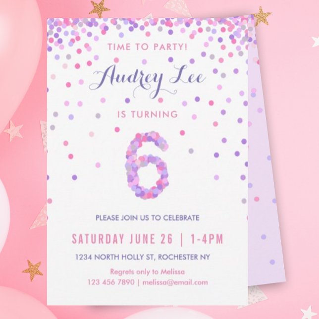 Invitation Filles 6e anniversaire Sixième anniversaire Confet (Pink and purple confetti for your 6 year old's birthday party!)